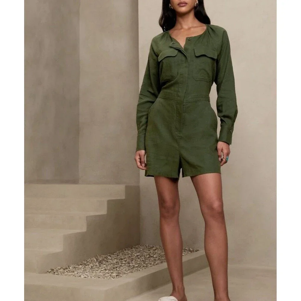 Banana Republic Linen Blend Utility Blend Romper In Treegrove Green Sz L New
